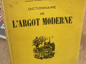 Vintage book on French slang at Paris flea market 2024, showcasing unique antique language guide