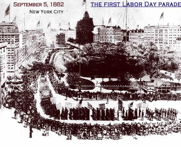 Black and white historical photo from the US Department of Labor website depicting the first Labor Day celebration held on September 5, 1882. The image features early labor movement participants and festivities, illustrating the origins of Labor Day in the United State