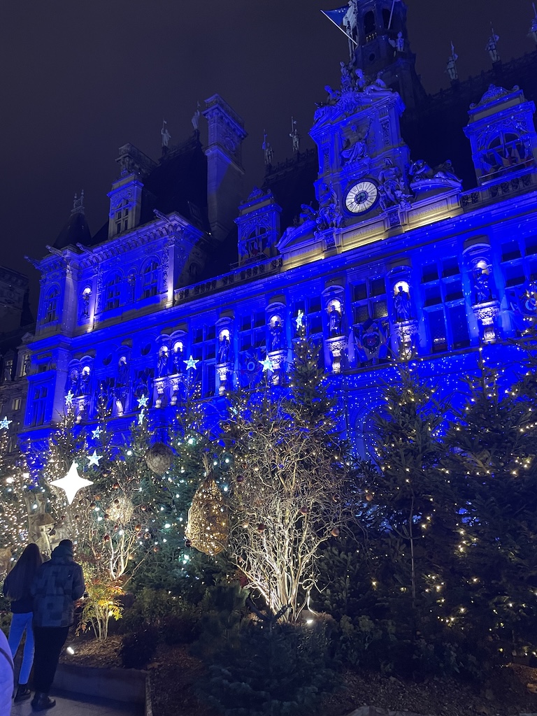 Hotel de Ville, Paris, 2022 Christmas Decor at night.