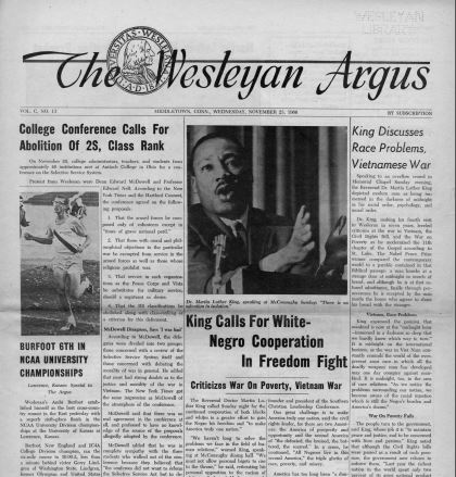 Article from the Wesleyan Argus detailing Martin Luther King Jr.'s visit to Wesleyan University, highlighting his impactful speech and engagement with students on civil rights issues.