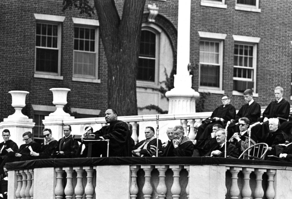 Martin Luther King Jr. delivering the commencement address at Wesleyan University in 1964, inspiring graduates with his message of equality and justice - and standing up to the evils of this world.