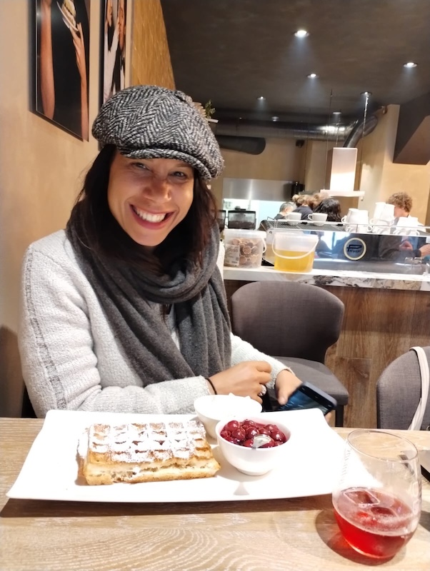 Antwerp Joy: me and waffles and, why yes, that is fresh cherries and whipped creme! That's also some local beer that goes with cherry waffles lol.