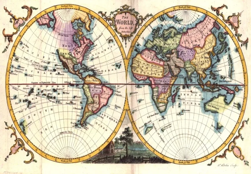 Vintage map illustrating astrocartography concepts, with astrological lines and geographic locations, symbolizing the influence of planetary positions on personal experiences and travel.