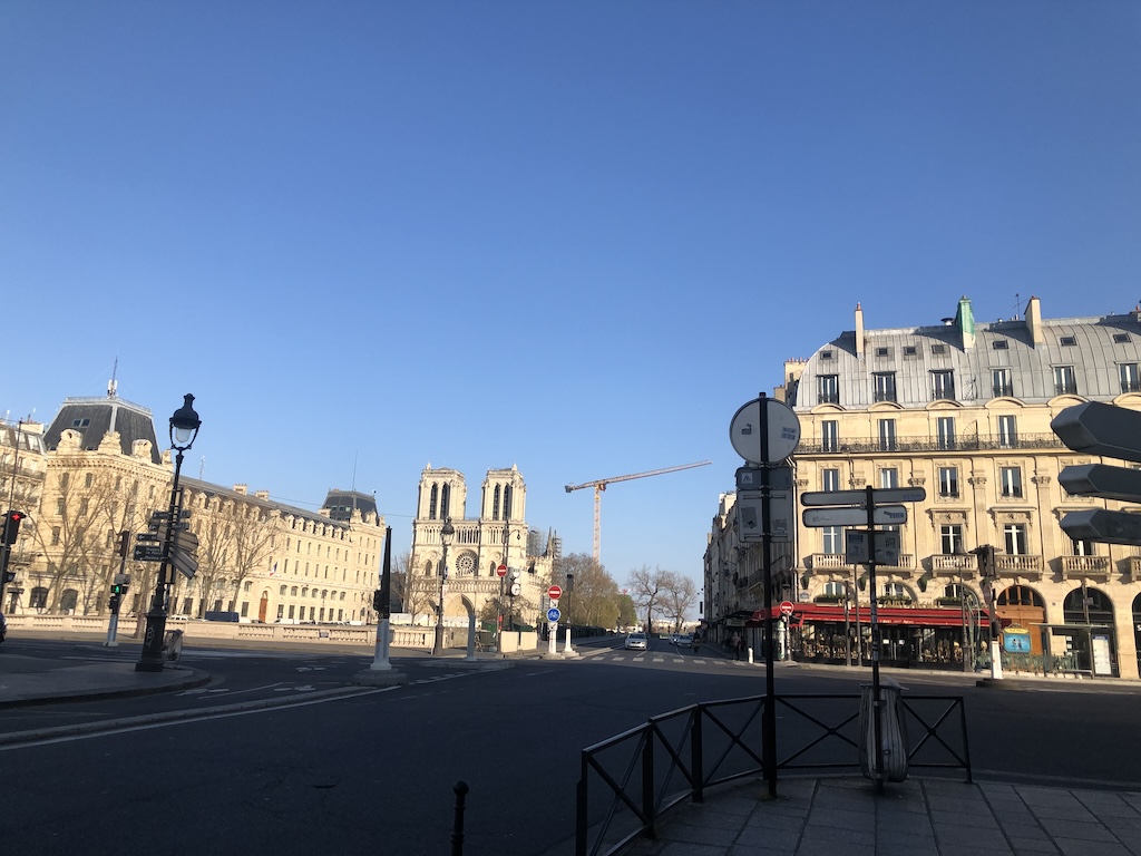 March 31, 2020, 18:14. Notre Dame during Covid. It was within my 1 KM so I got to enjoy it. Alone. Strange days, indeed.