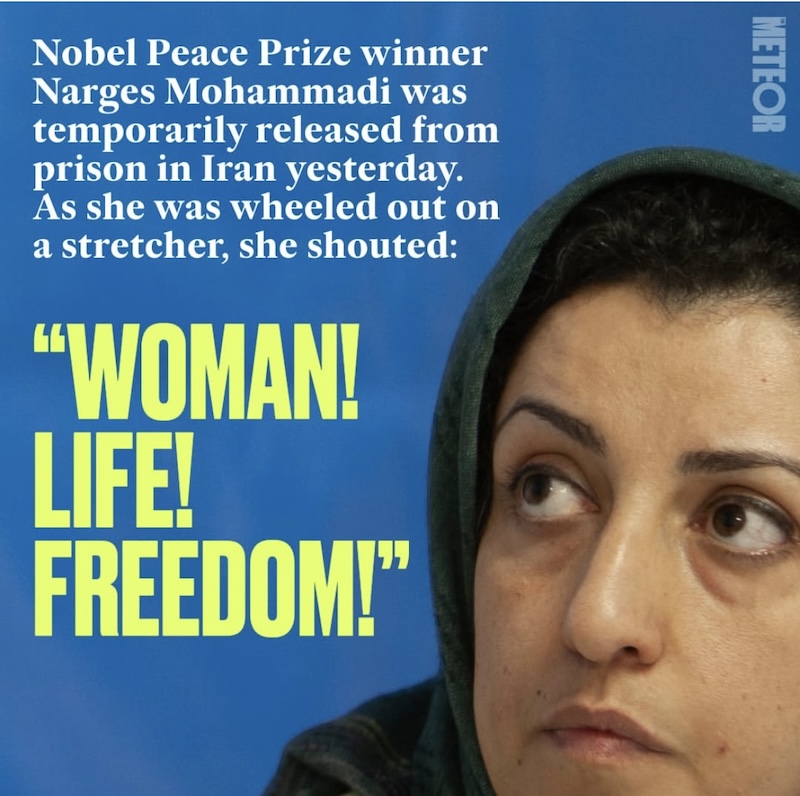 IG: @TheMeteor, Dec 6. Narges Mohammadi got a 3 week release from prison for medical reasons. Women! Life! Freedom! If you don't see the similarity in this regime and what Republicans are doing that is killing women you aren't paying attention. Women! Life! Freedom!