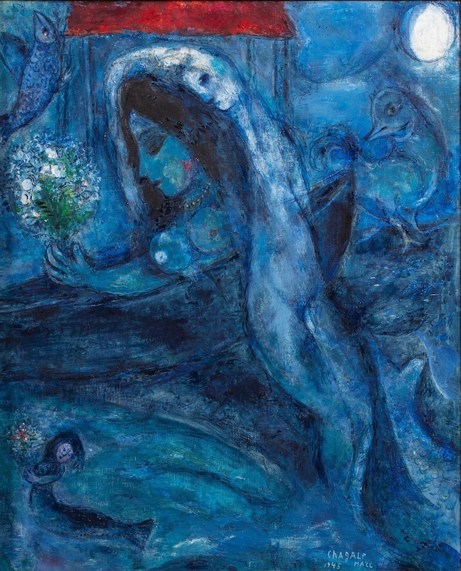 Marc Chagall's La Mer is a favorite as the French word play here is particularly meaningful for this placement. La Mer means the sea in French and La Mère means mother, same pronunciation. Waters and mother. This Cancer artist was all about the divine feminine, mother, wife, waters, and emotion in his works.