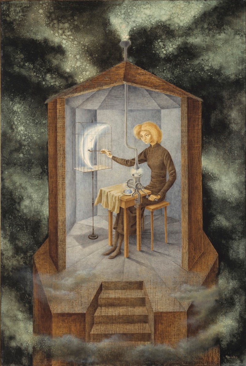 "Papilla Estelar" ("Celestial Pablum") by Remedios Varo, surrealist painting of a mystical woman feeding star matter to a caged moon — symbolizing creative transformation, emotional nourishment, and the magic of the Sagittarius Full Moon.