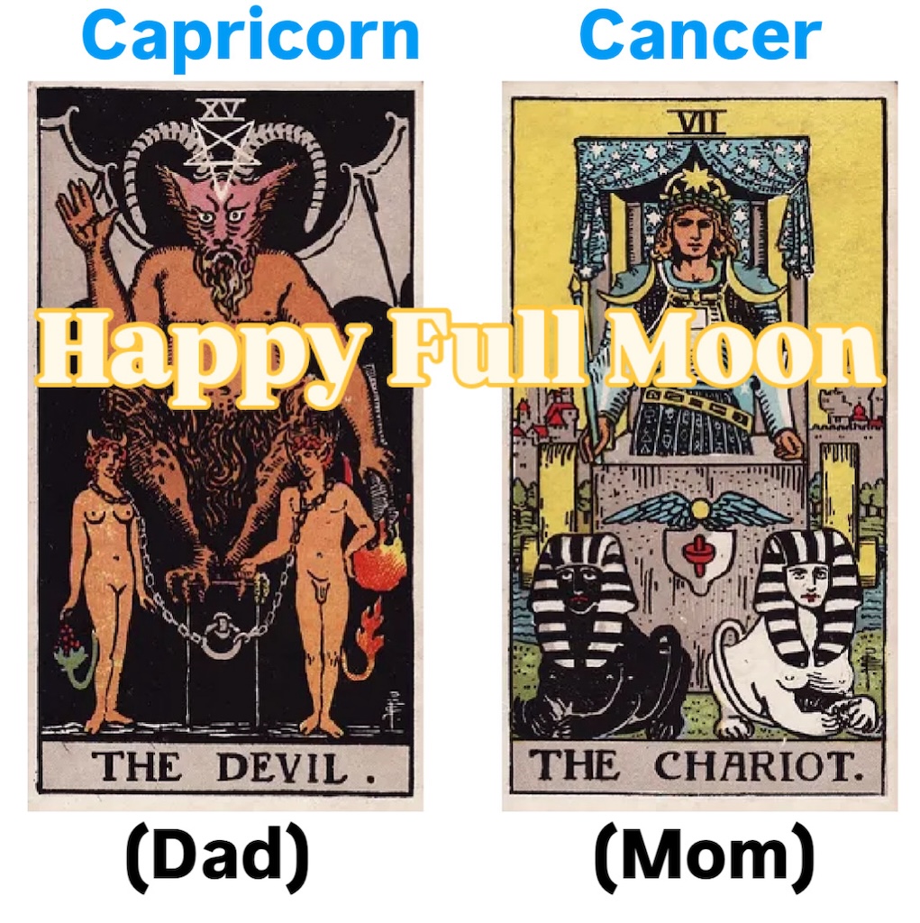 Tarot Cards for Cancer and Capricorn showing the mirror images and differences. Light and dark. Shadow and choices.