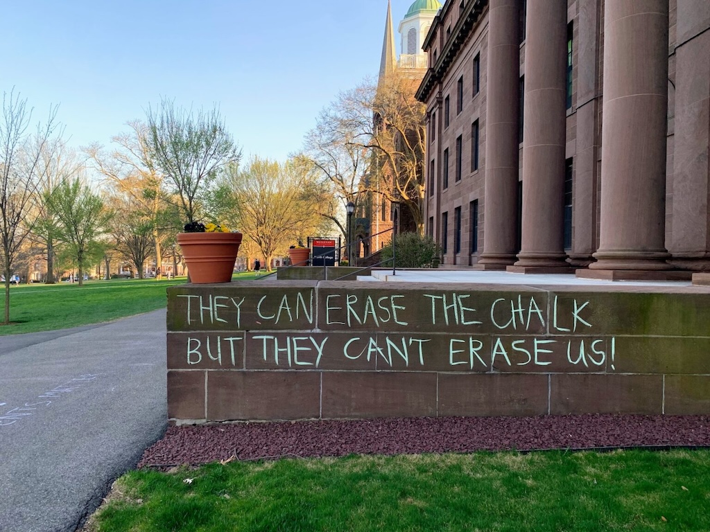 Wesleyan University student protest image on the Middletown, CT campus. Image c/o WesChalking via The Wesleyan Argus, Sept 26, 2025.