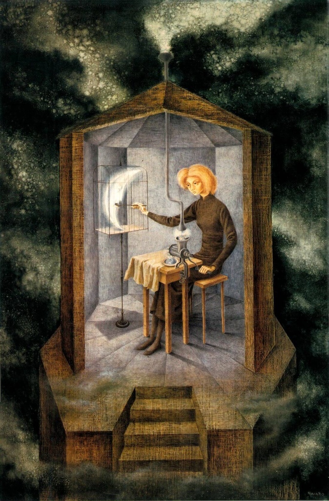 Papilla Estelar by Remedios Varo, depicting a woman creating sustenance from celestial matter, symbolizing Sagittarius themes of miracles, wisdom, and conscious creation.