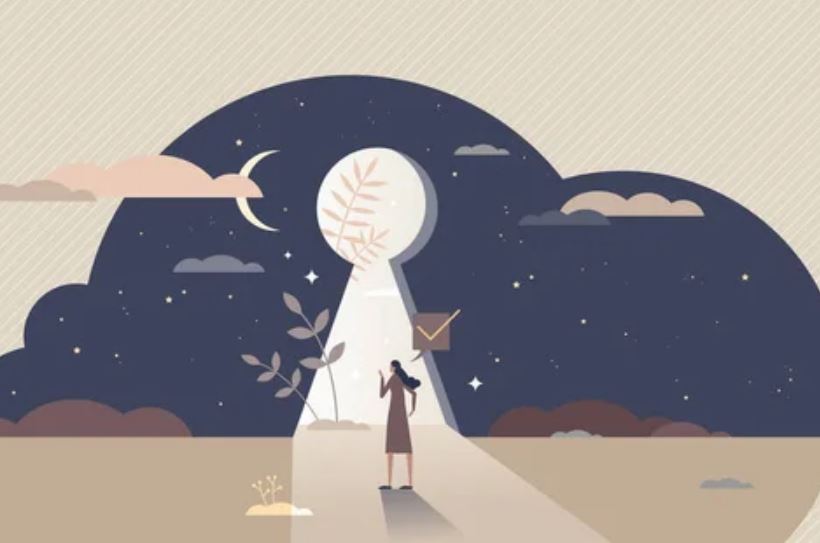 Surreal artwork of a woman standing in a doorway beneath the moon, with past and present blurred together, symbolizing Mercury retrograde, reflection, and finding lost parts of the self