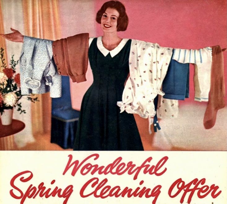 A vintage advertisement of a woman cleaning with ease and a quiet sense of joy, embodying the spirit of spring cleaning as an act of renewal, order, and clarity under Virgo full moon energy. (If anyone knows the source or artist, please share so I can properly credit.)