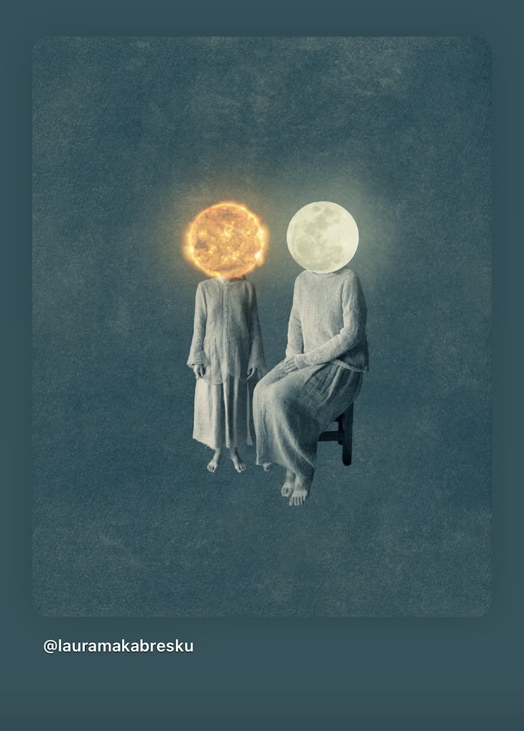 Artistic illustration of two figures one with a sun for a head and one with a moon — representing the Cancer Capricorn axis mom dad divine feminine masculine full moon astrology