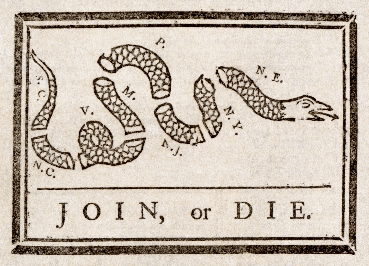Benjamin Franklin's Join or Die illustration 1754 — Pluto in Libra American Revolution and Gen X astrology Between the Lines with Leah Gillis