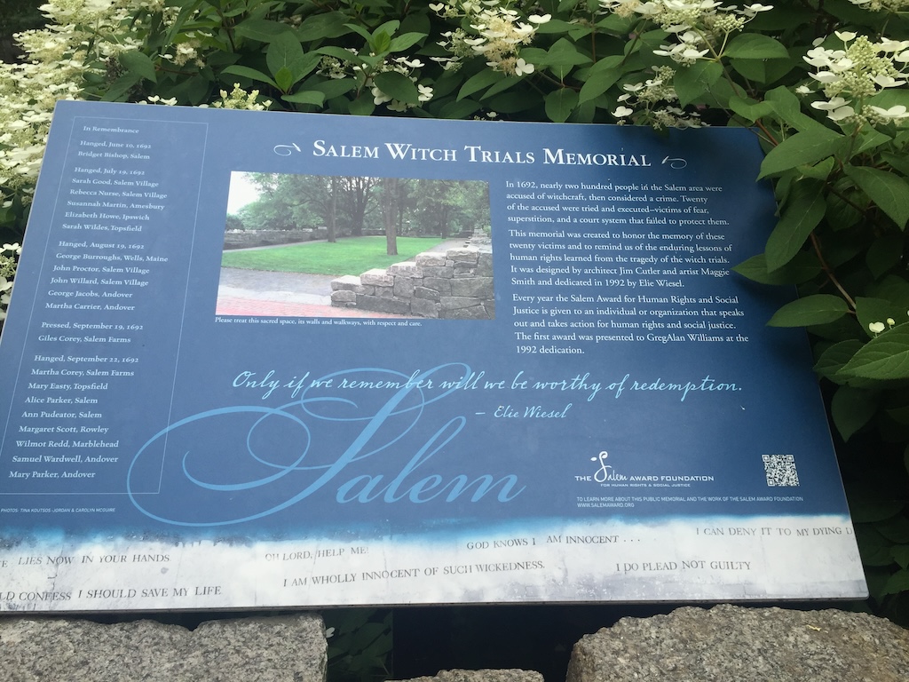 Salem Massachusetts memorial to victims of the 1692 witch trials — America at 250 reflection by Leah Gillis Between the Lines column