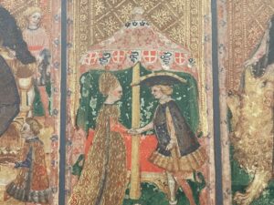 Love card from the Visconti Tarot (c. 1450), workshop of Bonifacio Bembo, photographed at the Tarots Enluminés exhibition at the Musée Français de la Carte à Jouer in Issy-les-Moulineaux, featuring artwork from the Beinecke Rare Book & Manuscript Library at Yale University.
