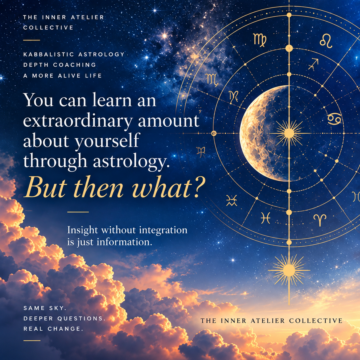 The Inner Atelier Collective zodiac wheel graphic asking "You can learn an extraordinary amount about yourself through astrology. But then what?
