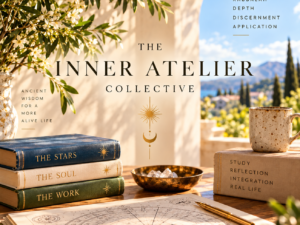The Inner Atelier Collective logo graphic with stacked books labeled The Stars, The Soul, The Work, on a sunlit terrace overlooking hills