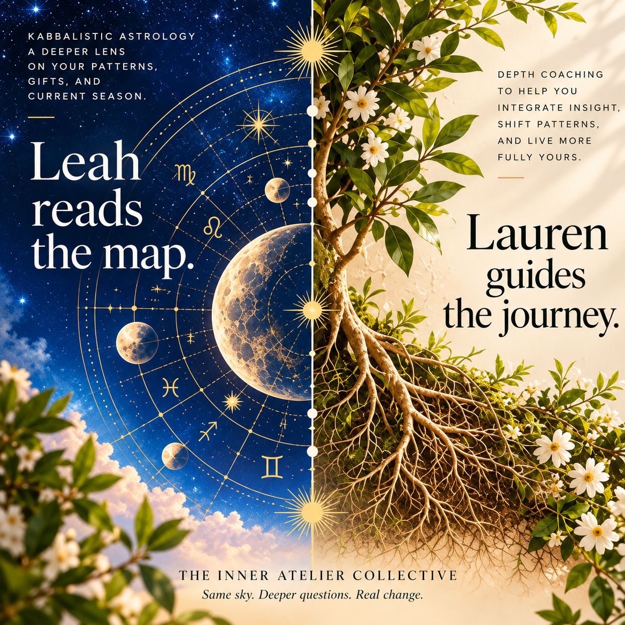 The Inner Atelier Collective's dual offering illustrated through a celestial moon chart (Leah reads the map) paired with a rooted, flowering tree (Lauren guides the journey), symbolizing insight paired with grounded integration.
