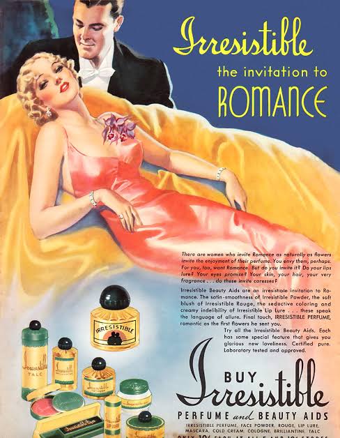 1936 vintage advertisement for Irresistible Perfume and Beauty Aids by artist Zoe Mozert, showing a woman in a pink satin gown reclining while a man in a tuxedo gazes at her, with perfume, talc, and rouge products displayed below.